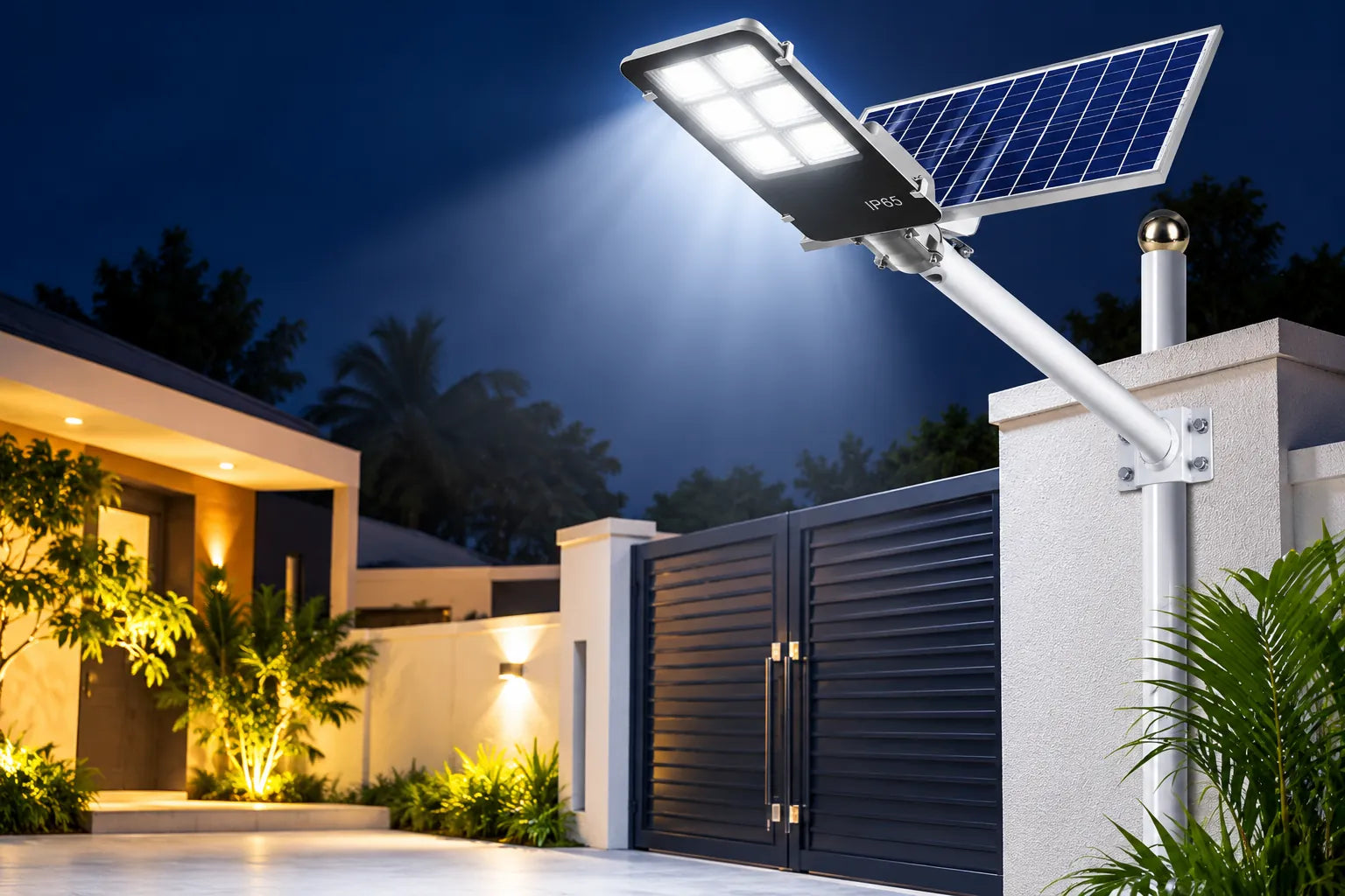 Lampadaire solaire NAYLUME allumé devant un portail, de nuit